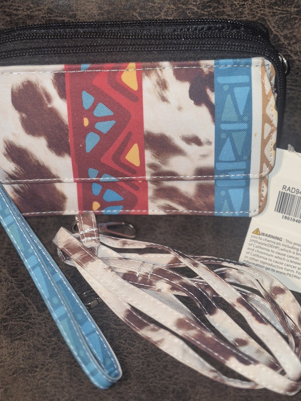 Patterned Multi-Strip Wristlet Crossbody - Blue, Red & Brown